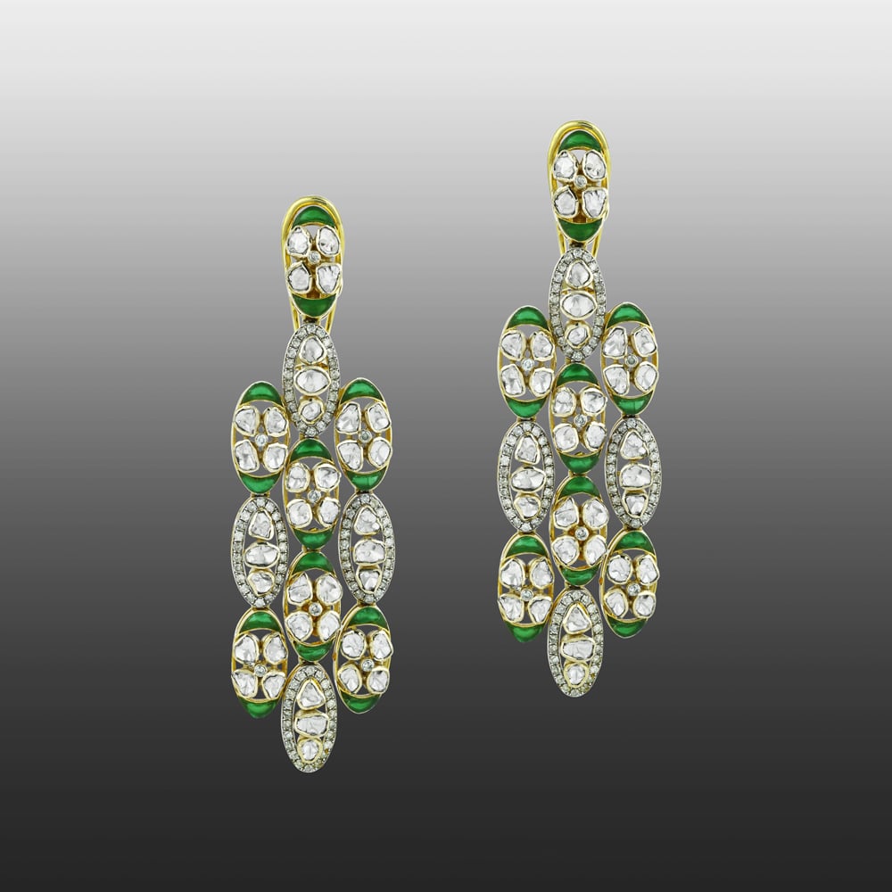 Polki Earrings with Green Stones and Elongated Oval Design